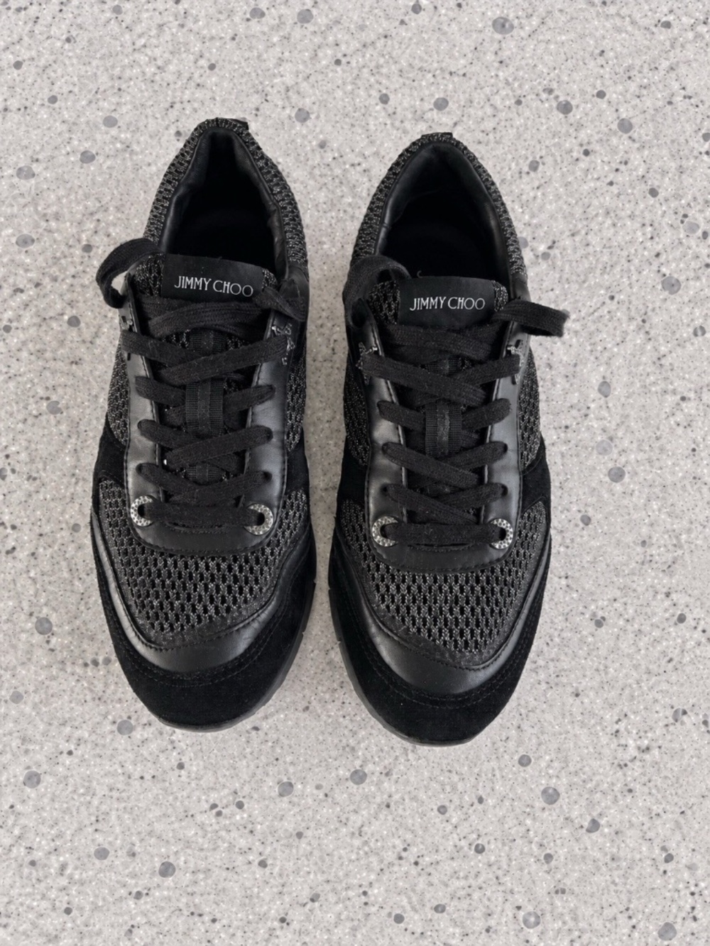 Jimmy Choo Sneakers Black Suede / Mesh Accents Sz 38 / 8 US❤️